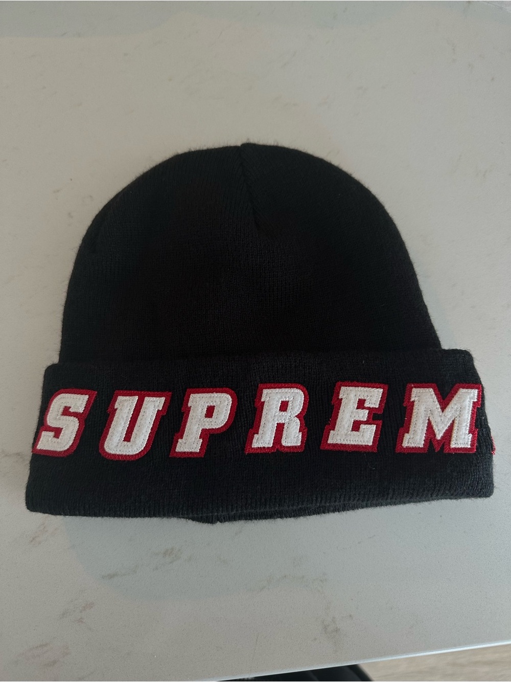 Supreme Black Felt Logo Beanie with White Tag